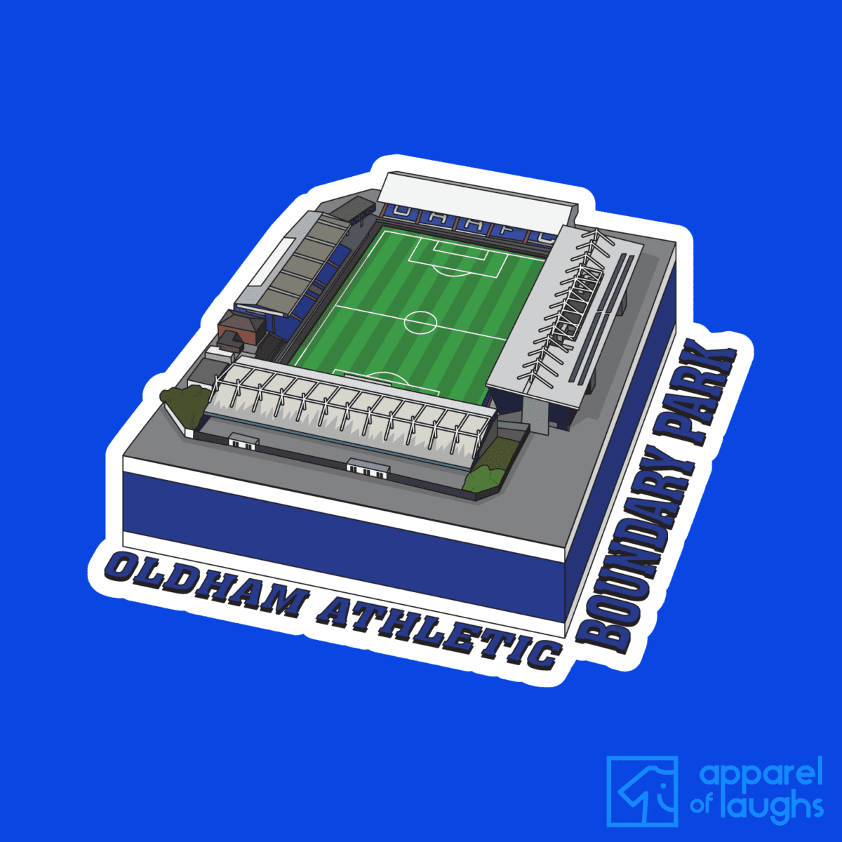 Oldham Athletic Boundary Park Football Stadium Illustration T Shirt Design Royal Blue