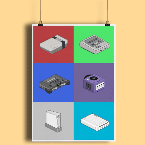 Pixel Art Game Consoles Nintendo 64 Wii U NES SNES Gamecube Fine Art Print A2