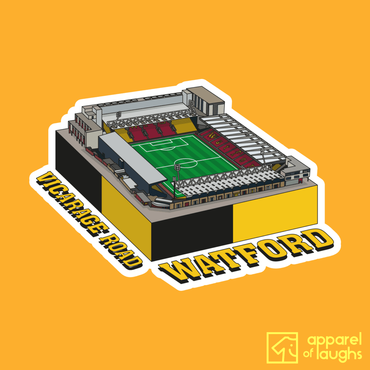 Watford Vicarage Road Football Stadium Illustration T-Shirt Design Gold