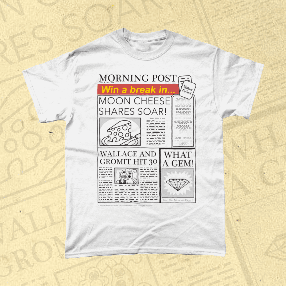 Wallace and Gromit Aardman Moon Cheese Newspaper Men's T-Shirt White