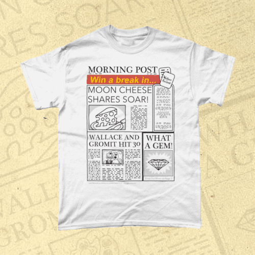 Wallace and Gromit Aardman Moon Cheese Newspaper Men's T-Shirt White