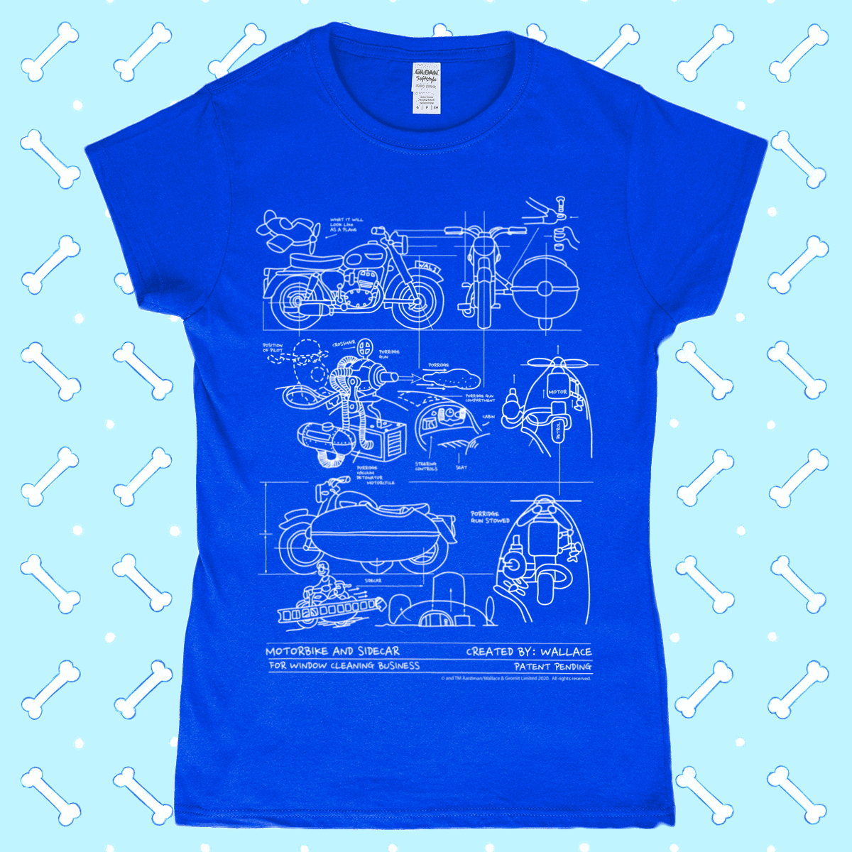 Wallace and Gromit Close Shave Bike Blueprint Women's T-Shirt Royal Blue