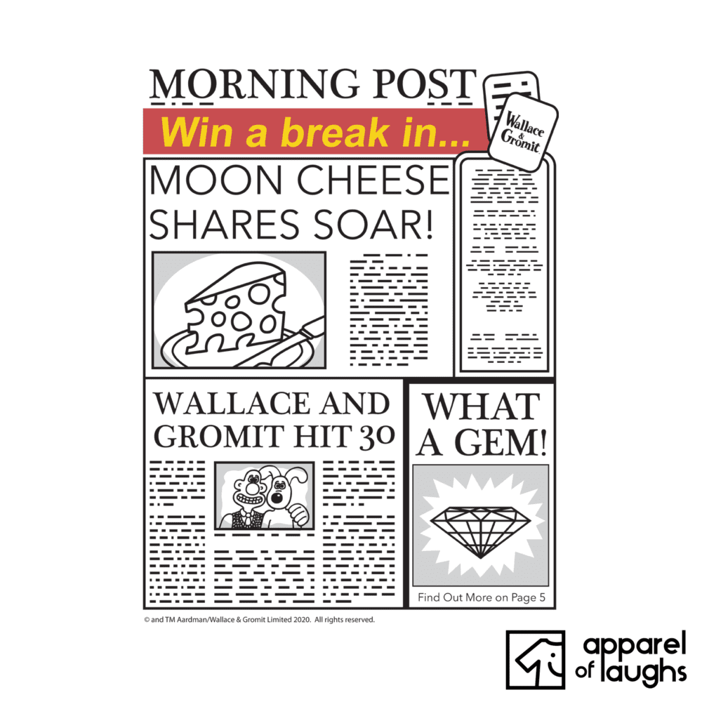 Wallace and Gromit Newspaper Moon Cheese T-Shirt Design White