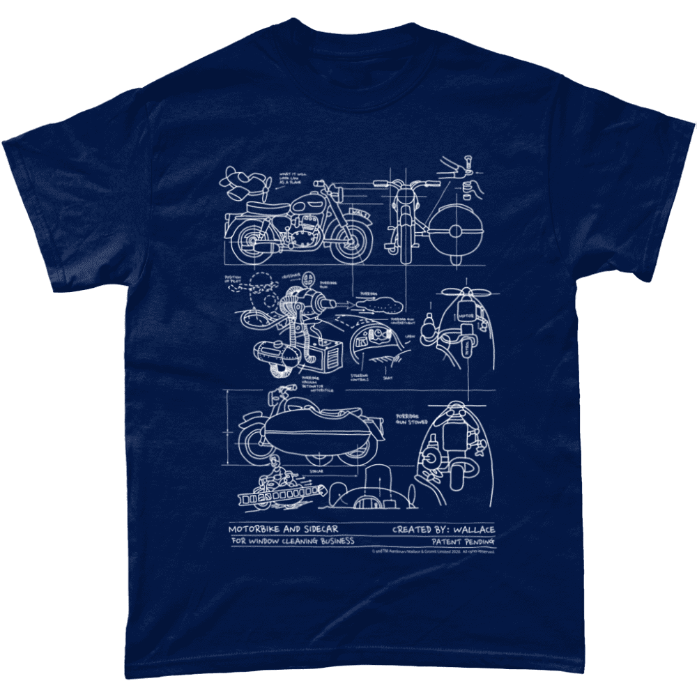 Wallace and Gromit Close Shave Bike Blueprint Men's T-Shirt Navy