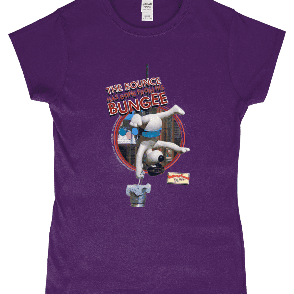 Wallace and Gromit T-Shirt A Close Shave Bounce has Gone Bungee Aardman Women's Purple