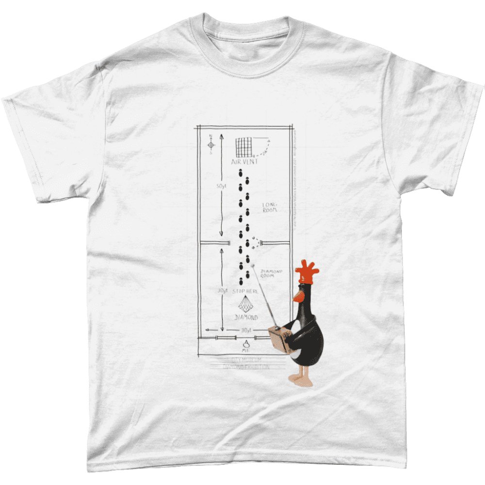 Wallace and Gromit T-Shirt Aardman Wrong Trousers Feathers McGraw Museum Map Men's White Mockup