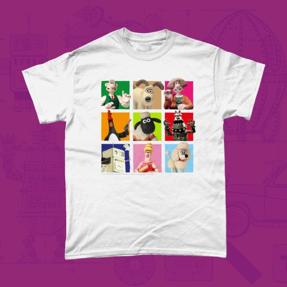 Wallace and Gromit Characters Wendolene Feathers McGraw Shaun the Sheep Preston Piella Fluffles Men's T-Shirt White