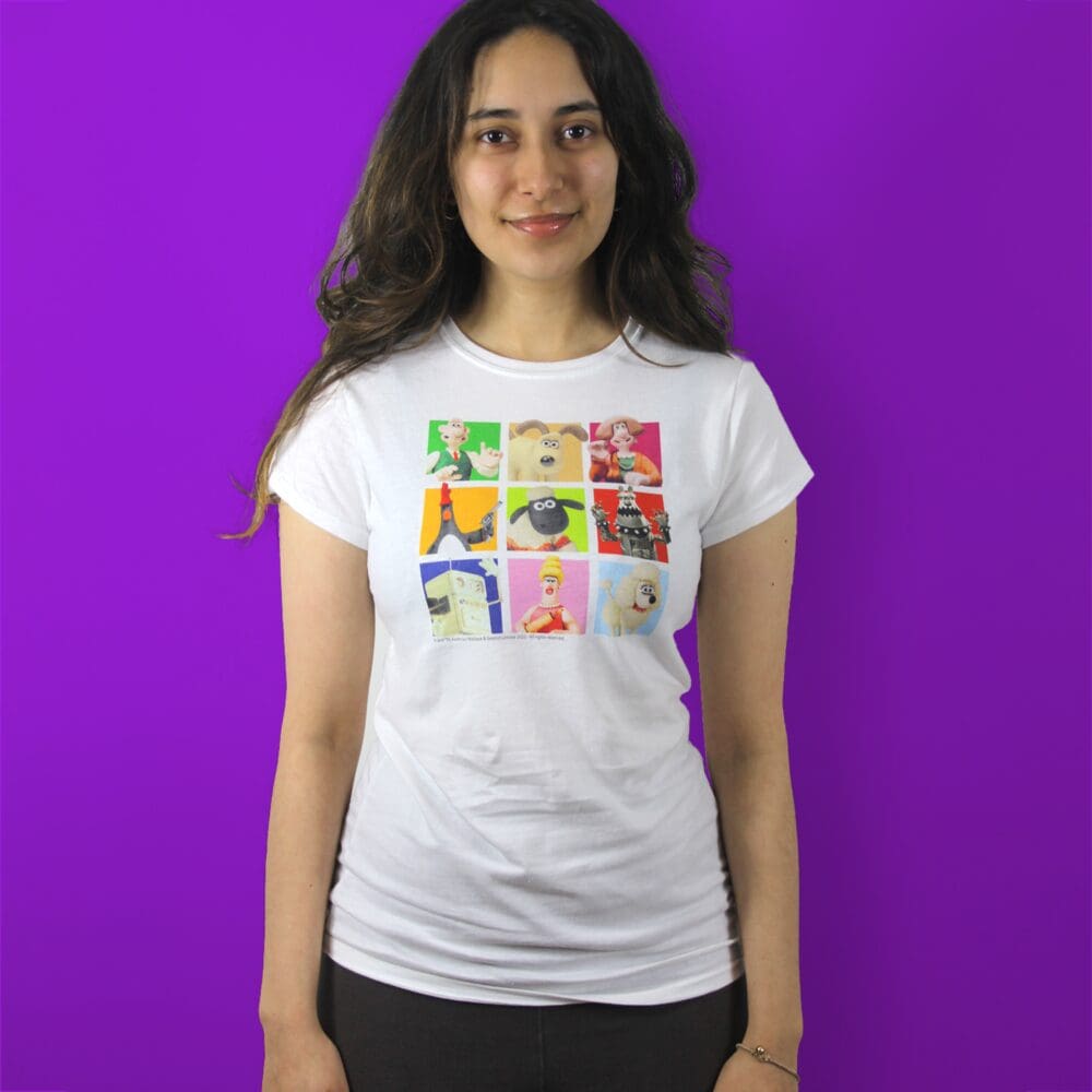 Wallace and Gromit Characters Wendolene Feathers McGraw Shaun the Sheep Preston Piella Fluffles Women's T-Shirt White