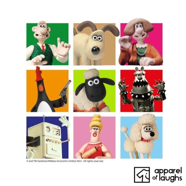 Wallace and Gromit Chracters Preston Shaun the Sheep Piella Fluffles Wendolene T-Shirt Design White