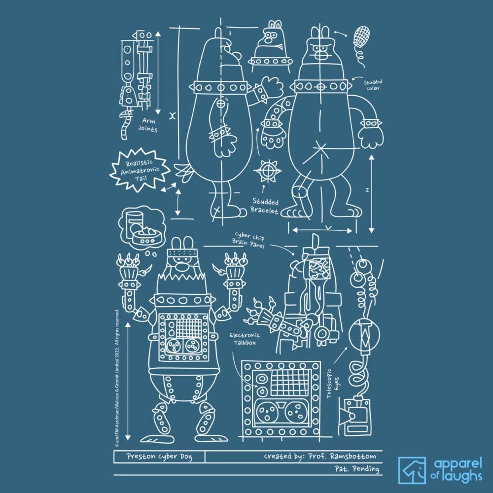Wallace and Gromit Robot Preston Blueprint T-Shirt Design Indigo