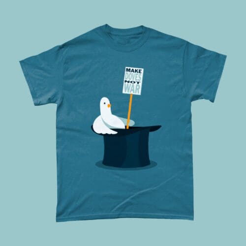 Make Love Not War Doves Magician Illusionist Magic Top Hat Apparel of Laughs T-Shirt Indigo