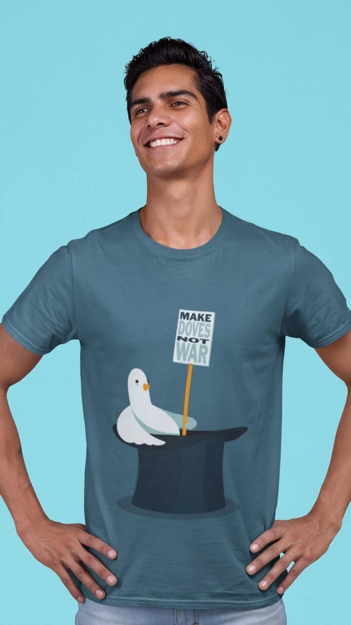 Make Love Not War Doves Magician Illusionist Magic Top Hat Apparel of Laughs T-Shirt Indigo Model (1)