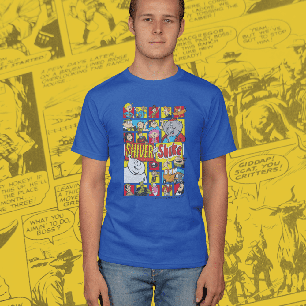 Shiver and Shake Comic IPC Fleetway Rebellion British Nostalgic T-Shirt Royal Blue Model