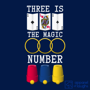 Three is the Magic Number Magician Playing Cards Linking Rings Cup and Balls T-Shirt Design Navy