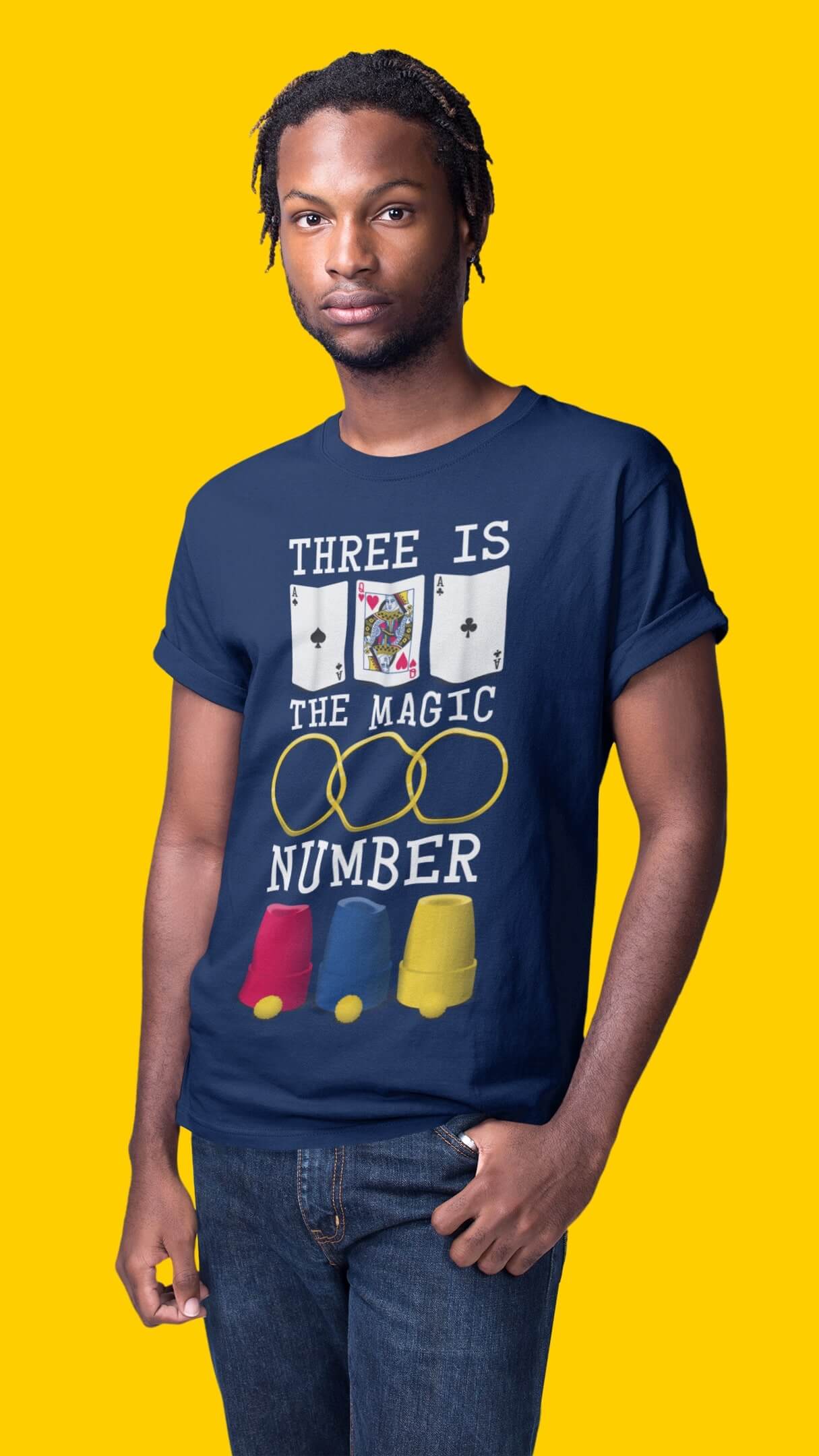 Three is the Magic Number Magician Playing Cards Linking Rings Cup and Balls T-Shirt Navy Model (1)