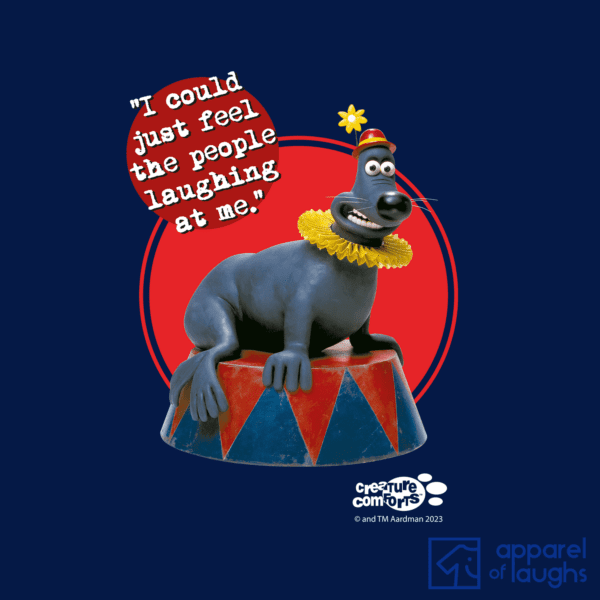 Aardman Creature Comforts Circus Seal Mr Tickles British TV T-Shirt Navy Design