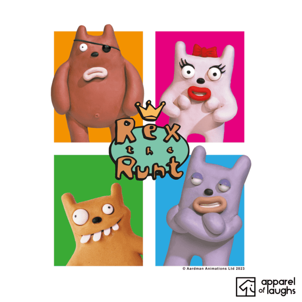 Aardman Rex the Runt Characters Wendy Bad Bob Vince Character Squares British TV T-Shirt White Design