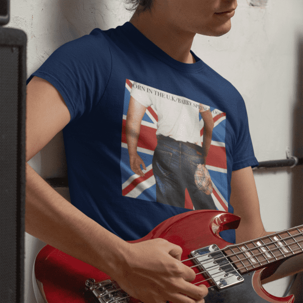 Born in the UK Bruce Springsteen USA Parody Album Cover Burberry Chav British T-Shirt Navy Guitar