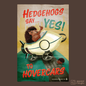 Hedgehog Hovercar Rocket Public Information Poster British T-Shirt Design Dark Chocolate
