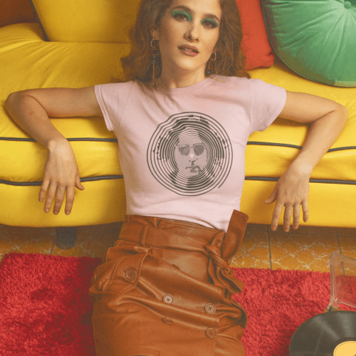 John Lennon Beatles Vinyl Record Portrait British Music T-Shirt Women's Cotton Pink Model