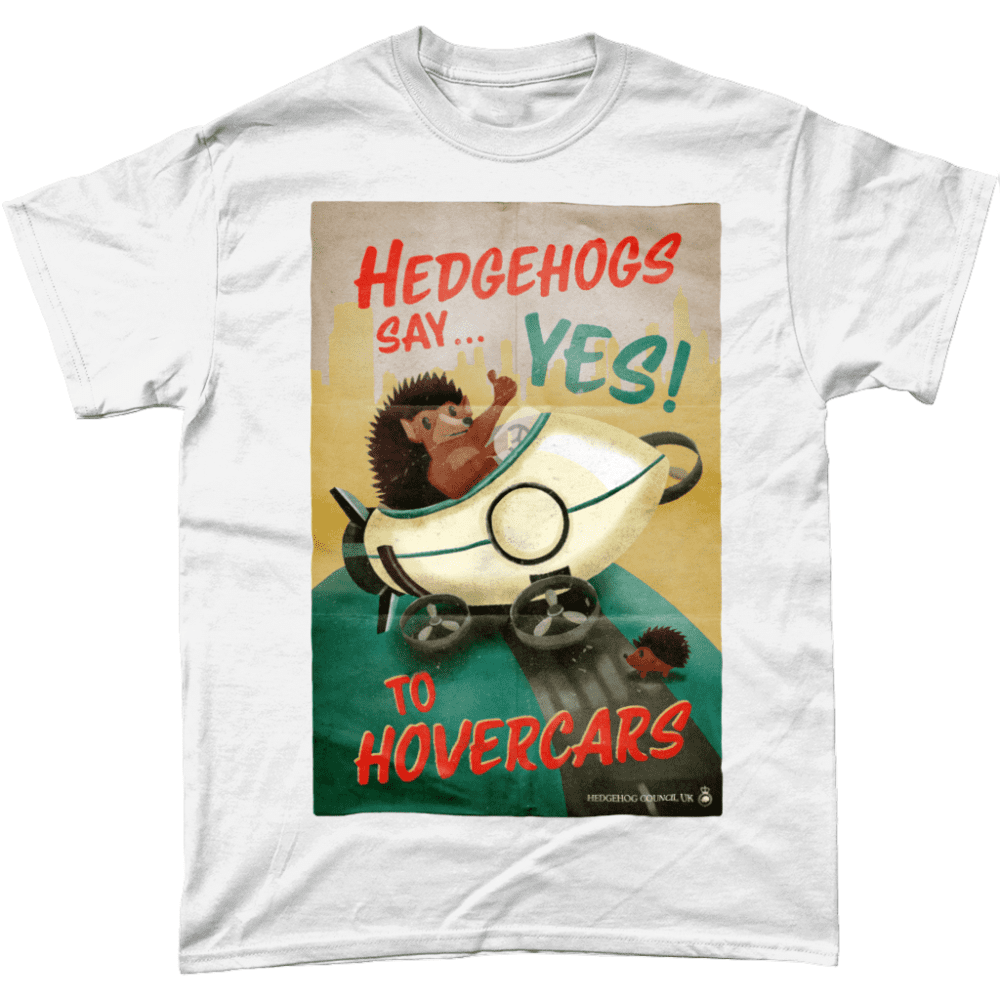 Hedgehog Hovercar Rocket Public Information Poster British T-Shirt White