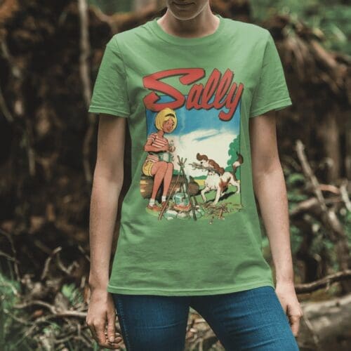 Sally Comic IPC Fleetway Girls Magazine Vintage Retro T-Shirt Design Camp Summer Green Model