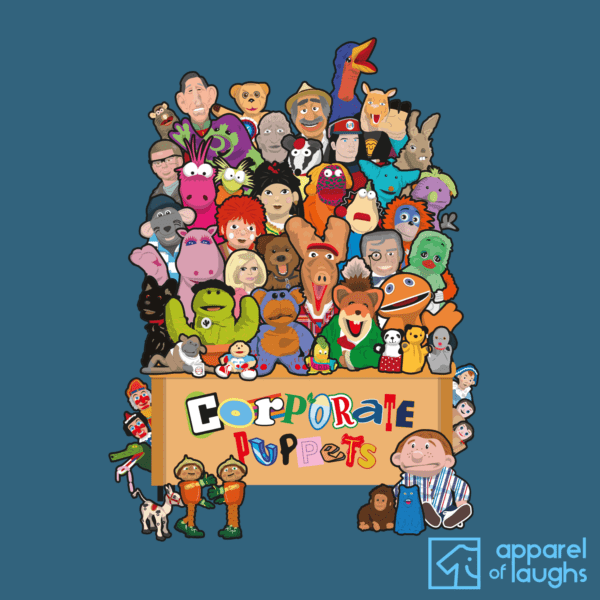 Corporate Puppets CBBC BBC ITV Basil Brush Nev Oucho Hacker Bill and Ben Thunderbirds Emu Hoobs Sooty Rainbow Orville British TV T-Shirt Design Indigo