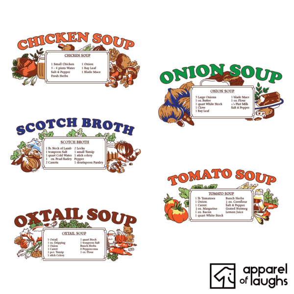 Old Retro Vintage Soup Bowls Kitsch Kitchenalia 1970s Tomato Soup Oxtail Soup Scotch Broth Onion Soup Chicken Soup T-Shirt Design White