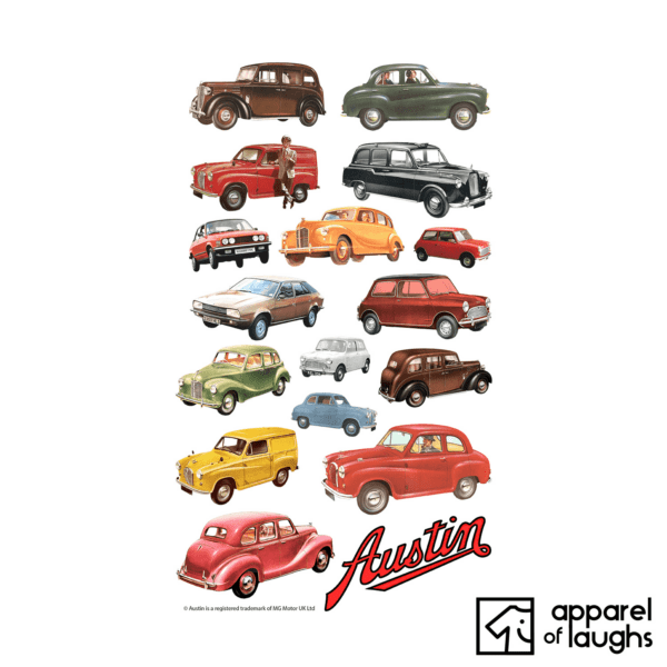 Austin Car Brand Vintage Retro British Automotive Illustration Collage T-Shirt Design White