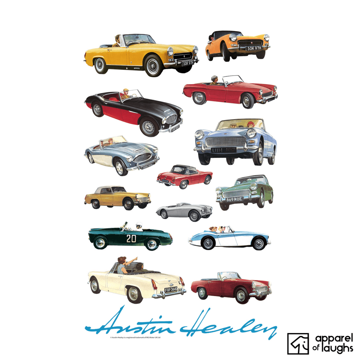 Austin Healey Car Brand Vintage Retro British Leyland Motoring Automotive Illustration Collage T-Shirt Design Sports Grey