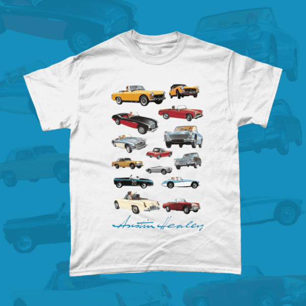Austin Healey Car Brand Vintage Retro British Leyland Motoring Automotive Illustration Collage T-Shirt Sports Grey