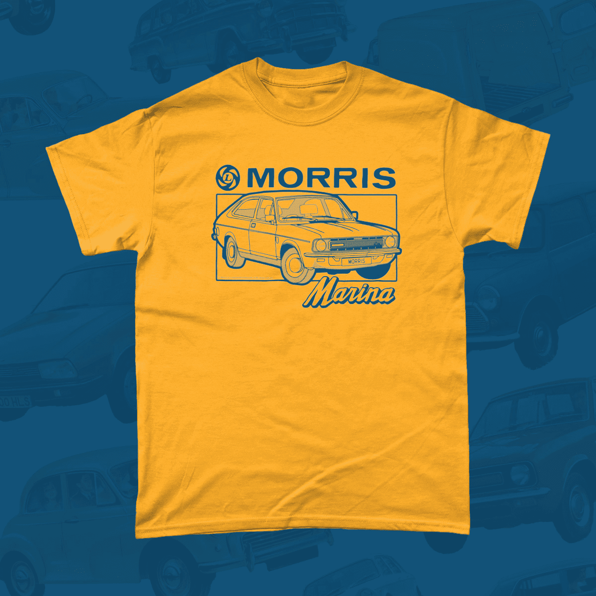 Morris Marina Car Brand Vintage Retro Logo British Leyland Motoring Heritage T-Shirt Gold
