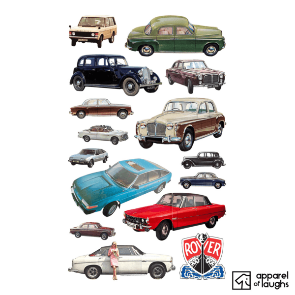 Rover Car Brand Illustration Collage Vintage Retro British Leyland Motoring Automotive T-Shirt Design White