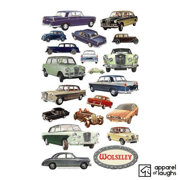 Wolseley Car Brand Illustration Collage Vintage Retro British Leyland Motoring Automotive T-Shirt Design White