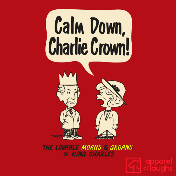 King Charles III Charlie Brown Crown Peanuts Queen Camilla Book British Royalty T-Shirt Design Red
