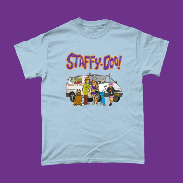 Scooby Doo British Staffy Dog Shaggy Velma Daphne Fred UK Humour T-Shirt Light Blue