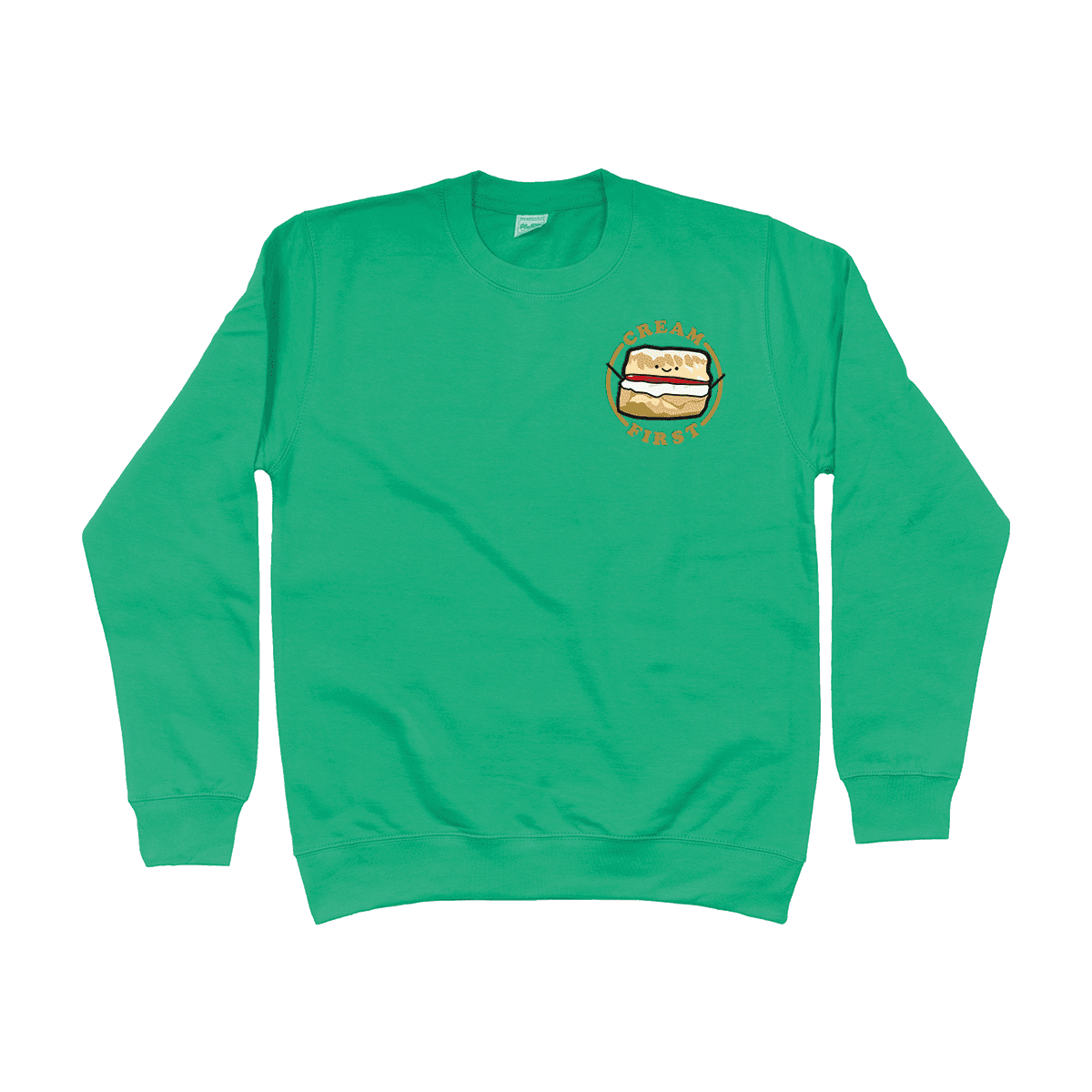 Cream First Scone Cornwall Cornish Food Devon Devonshire British Rivalry Embroidered Embroidery Sweatshirt Jumper Kelly Green