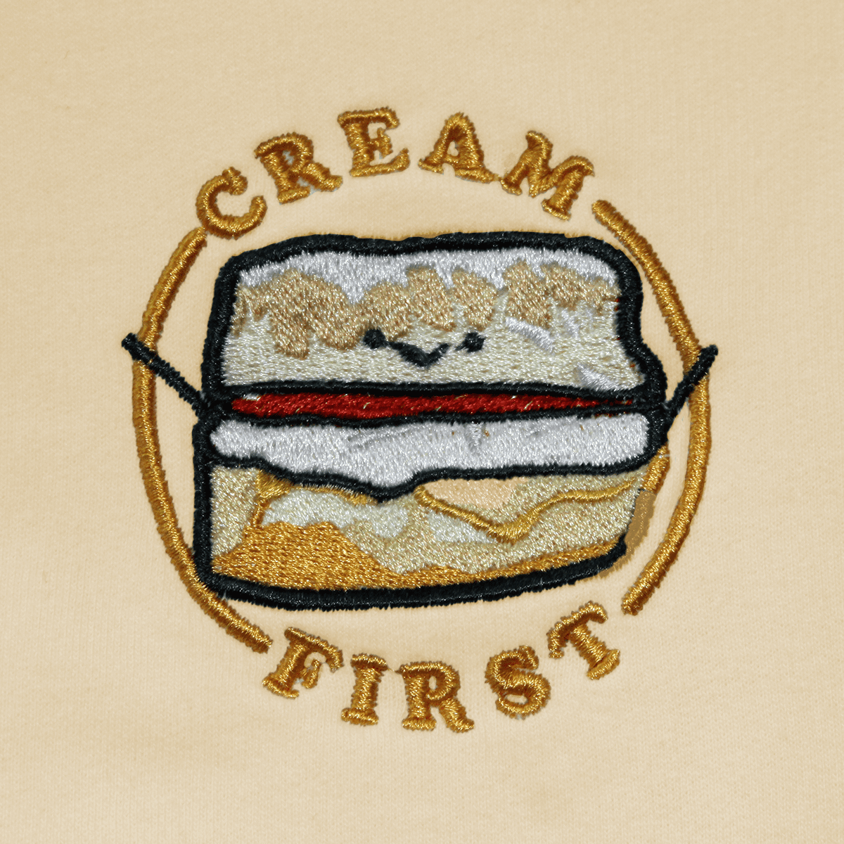 Cream First Scone Cornwall Cornish Food Devon Devonshire British Rivalry Embroidered Embroidery Sweatshirt Jumper Vanilla Design
