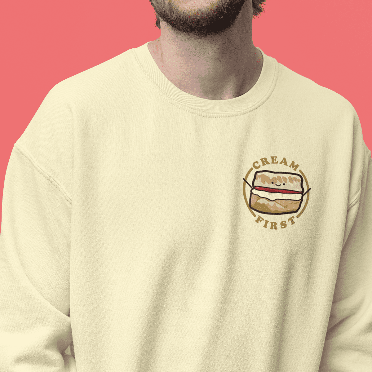 Cream First Scone Cornwall Cornish Food Devon Devonshire British Rivalry Embroidered Embroidery Sweatshirt Jumper Vanilla Model