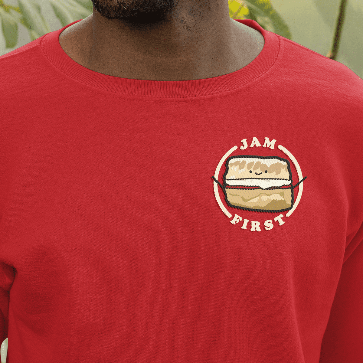 Jam First Scone Cornwall Cornish Food Devon British Rivalry Embroidered Embroidery Sweatshirt Jumper Fire Red Model