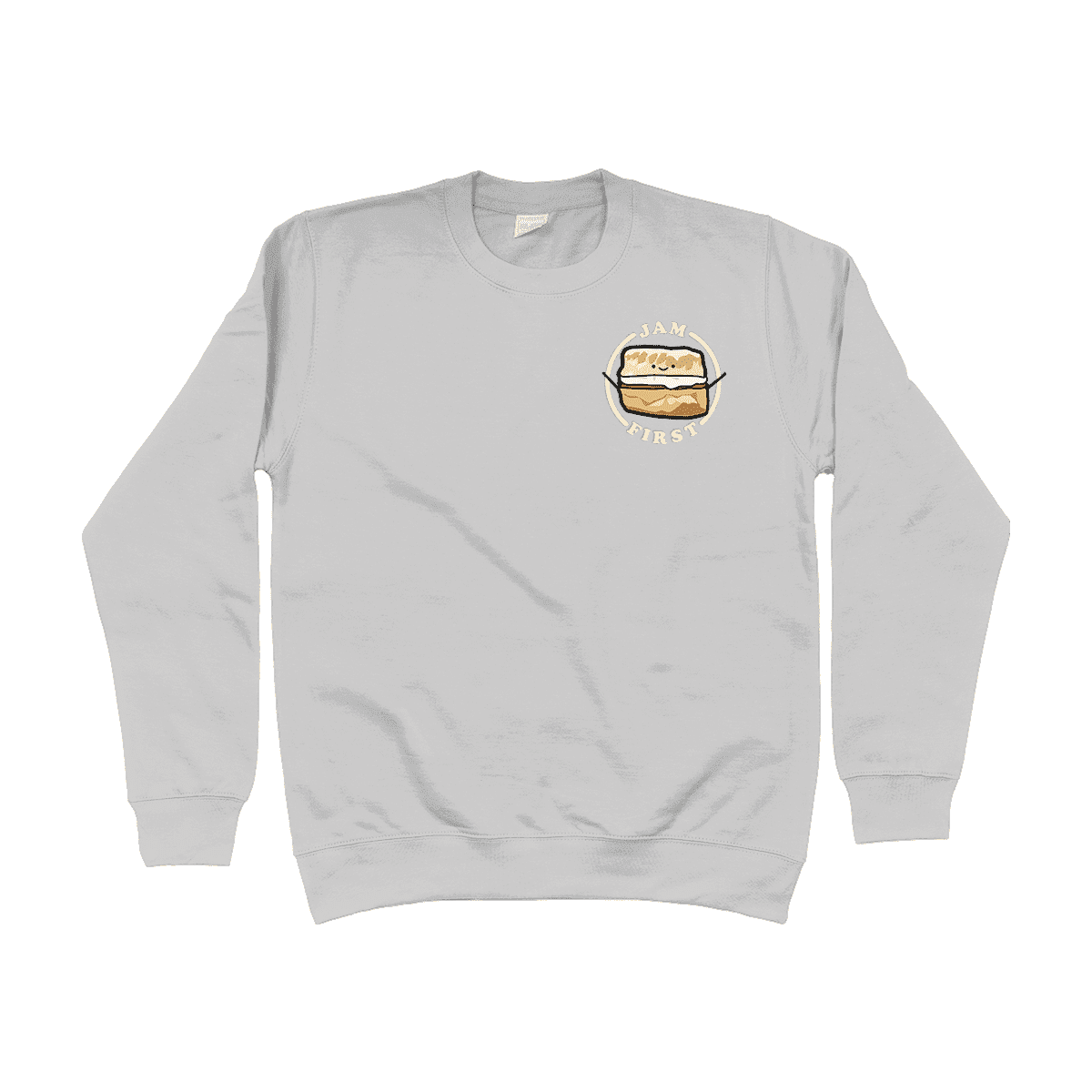 Jam First Scone Cornwall Cornish Food Devon British Rivalry Embroidered Embroidery Sweatshirt Jumper Heather Grey